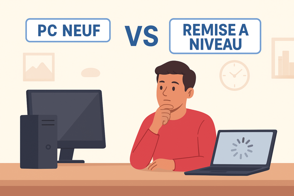 Illustration comparant un PC neuf et un ordinateur remis à niveau, pour aider à choisir la meilleure solution de dépannage informatique en Valais.