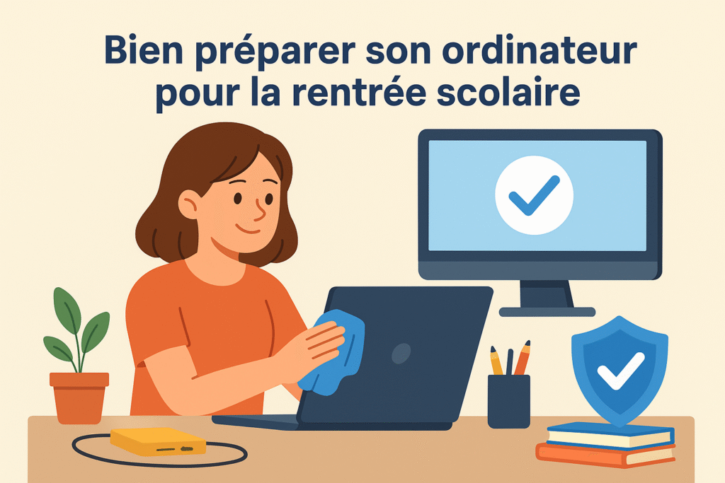 Illustration représentant la préparation et l’optimisation d’un ordinateur portable pour la rentrée scolaire, avec un focus sur le dépannage informatique et la maintenance PC en Valais.
