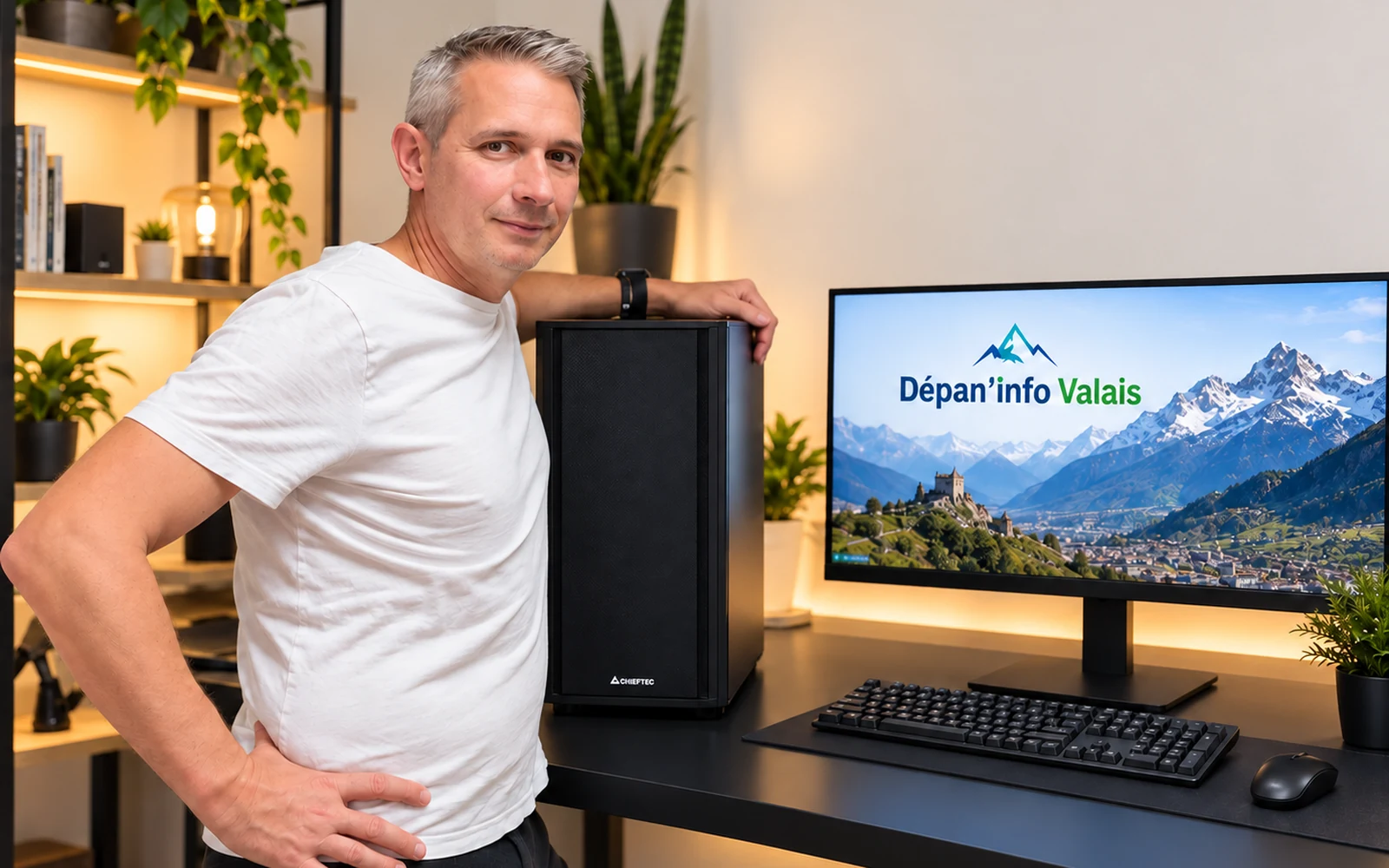 Jérôme de Dépan’info Valais avec un PC de bureau assemblé et prêt à l’emploi